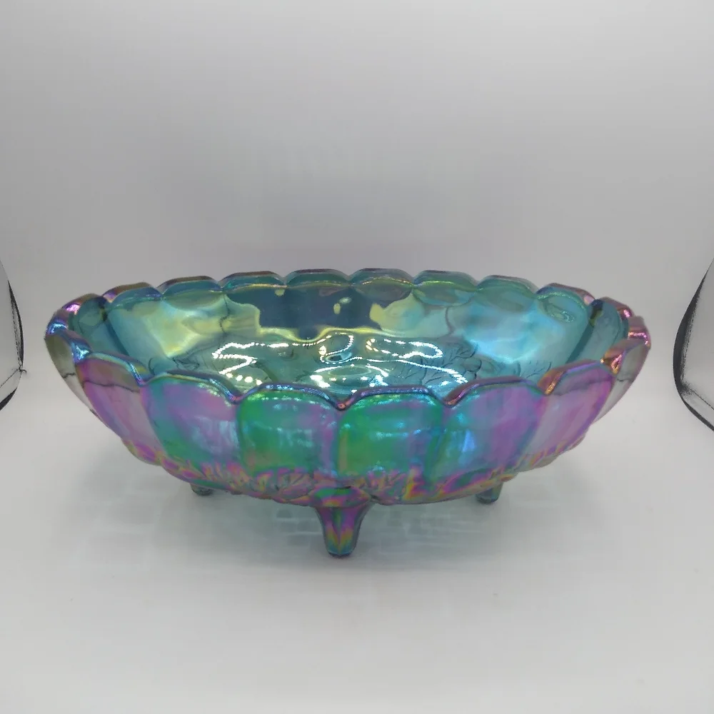 Indiana Glass Harvest Grapes Carnival Iridescent Blue Footed Large Oval Bowl - Picture 10 of 11
